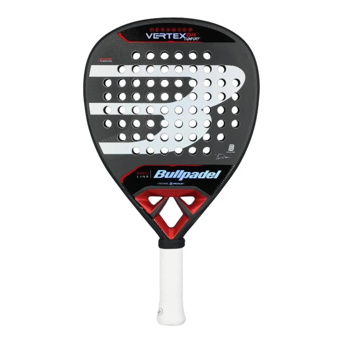 Bullpadel Vertex 04 Comfort padel racket — arm-friendly diamond shape, front view